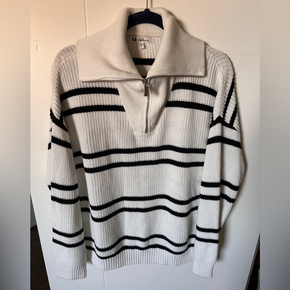 Black and White Cotton Striped Quarter Zip Sweater